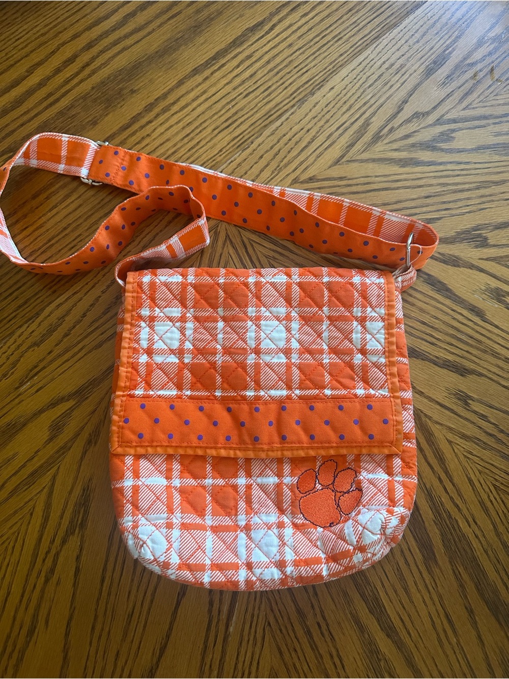 CLEMSON Orange Plaid Quilted Crossbody Bag with Paw Accent